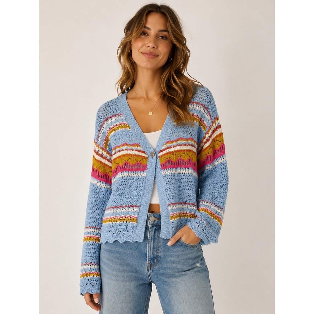 POL Crochet Knit Cardigan Womens Size M Blue Boho Striped V-Neck